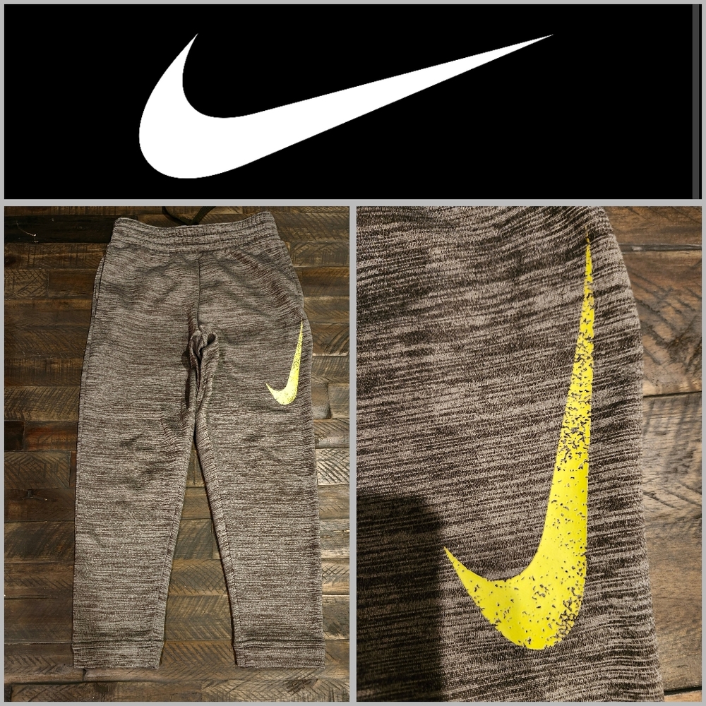 Nike Dri-FIT Heather Gray joggers with neon yellow swoosh Boys Youth Small